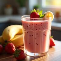 Strawberry Banana Smoothie in Glass with Fresh Fruits photo