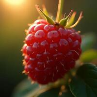 Close-up of Fresh Red Raspberry Growing in Garden at Sunset photo