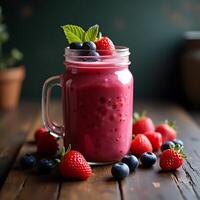 Berry Smoothie in Glass Jar with Fresh Strawberries and Blueberries photo