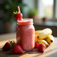 Strawberry Banana Smoothie in Glass Jar with Fruit photo