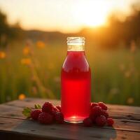 Raspberry Drink on Wooden Table with Sunset in Background photo
