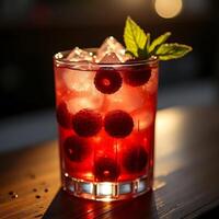 Refreshing Raspberry Drink with Ice and Mint, Summer Beverage photo