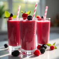Berry Smoothie Drinks Refreshing Pink Smoothies with Strawberries and Blackberries photo