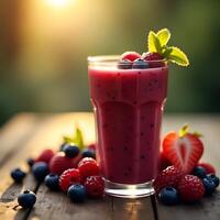 Berry Smoothie in Glass with Fresh Fruits on Wood Table photo