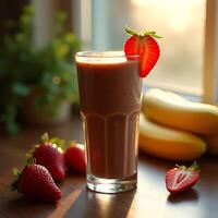 Strawberry Banana Smoothie in Glass with Fruit on Table photo
