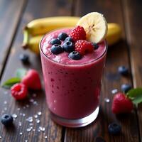 Berry Smoothie with Banana and Berries on a Wooden Table photo