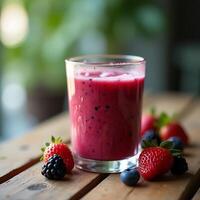 Berry Smoothie in Glass with Strawberries and Blueberries on Table photo