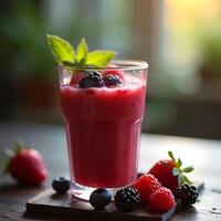 Berry Smoothie in Glass with Fresh Fruit and Mint Garnish photo