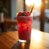 Refreshing Berry Smoothie with Straw on Wood Table in Warm Light photo
