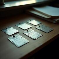 Arrangement of Rectangular Cards on a Wooden Surface photo