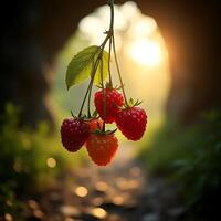 Harvesting Ripe Raspberries at Sunset in a Garden Setting photo