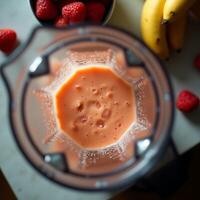 Making Fruit Smoothie with Strawberries and Bananas in Blender photo
