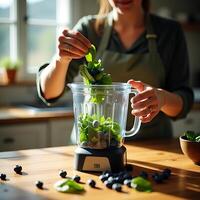 Person Adding Spinach and Blueberries to Blender for Smoothie photo
