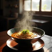 Serving of Steaming Noodle Soup with Fresh Herbs in Bowl photo