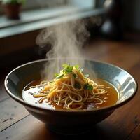 Serving Noodle Soup with Fresh Sprouts and Steaming Broth photo