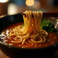 Eating Noodles with Chopsticks From Bowl with Broth photo