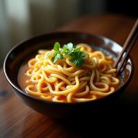 Serving of Noodle Soup Garnished with Parsley and Chopsticks photo