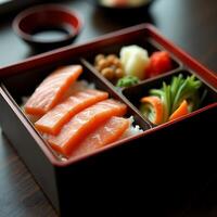 Salmon Sashimi Bento Box with Rice and Pickled Vegetables photo