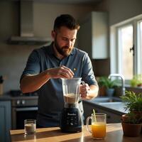 Man Preparing Smoothie in Kitchen with Blender and Juice photo