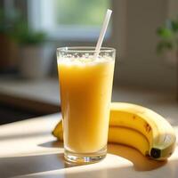Drinking Banana Smoothie in Glass with Straw and Ripe Fruit photo