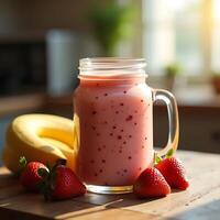 Making Strawberry Smoothie with Banana on Wooden Table photo