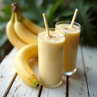 Serving Banana Smoothie with Straw on White Wooden Table photo