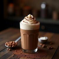 Chocolate Drink with Whipped Cream and Cocoa Powder on Wooden Table photo