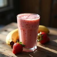 Enjoying a Strawberry Smoothie with Banana and Fruit photo