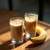 Preparing Banana Smoothie Two Glasses and Banana on a Table photo