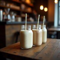 Enjoying Fresh Smoothies in Glass Jars with Straws on Wooden Table photo