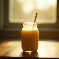 Drinking Glass Jar with Yellow Beverage and Straw on Wooden Surface photo