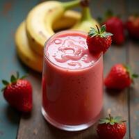 Preparing Strawberry Banana Smoothie in Glass with Fresh Fruit photo