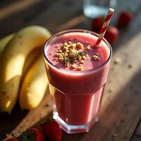 Strawberry Banana Smoothie with Granola Topping and Red Striped Straw photo