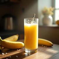 Enjoying Fresh Banana Smoothie in Glass with Straw on Wooden Table photo