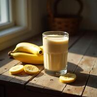 Preparing Banana Smoothie with Sliced Fruit on Wooden Table photo