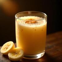 Banana Smoothie in Glass with Banana Slices on Wooden Table photo