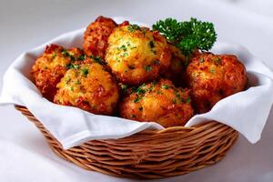 tempting hushpuppy in the cozy corner on a white background, in a clean food photography style photo