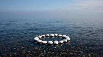 floating white pebbles arranged in abstract pattern, calm and minimalistic photo