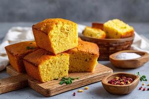 tempting cornbread in the rustic corner on a white background, in a clean food photography style photo