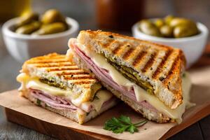 tempting cuban sandwich in the cozy corner on a cream background, in a clean food photography style photo