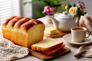 tempting pullman loaf in the cozy corner on a cream background, in a clean food photography style photo
