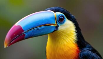 a close up of a colorful single toucan bird, detailed feathers, facing the camera photo