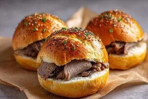 tempting beef on weck in the sunny corner on a light gray background photo