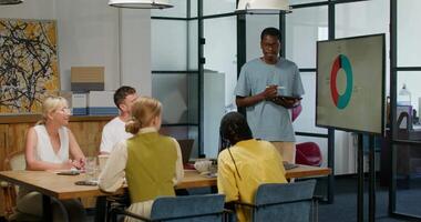 A group of people sitting around a table in a meeting room pay attention to the person giving presentation video