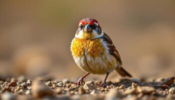 a close up of a colorful single sparrow bird, detailed feathers, facing the camera photo