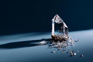 Crystal on deep navy background, tip dissolves into shards, soft shadow, dreamy soft lighting photo
