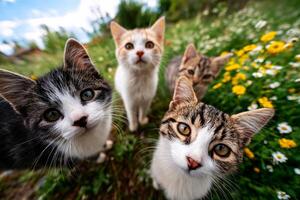 Group of cats staring into camera, low angle shot, surrounded by flowers, natural light, cozy peaceful vibe photo