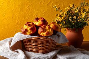 tempting popover in the rustic corner on a pastel yellow background photo