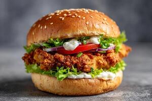 tempting chicken sandwich in the rustic corner on a light gray background photo