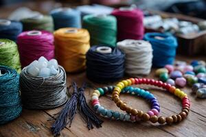 custom beaded bracelet being assembled by hand, colorful gems and threads, diy handmade accessories photo